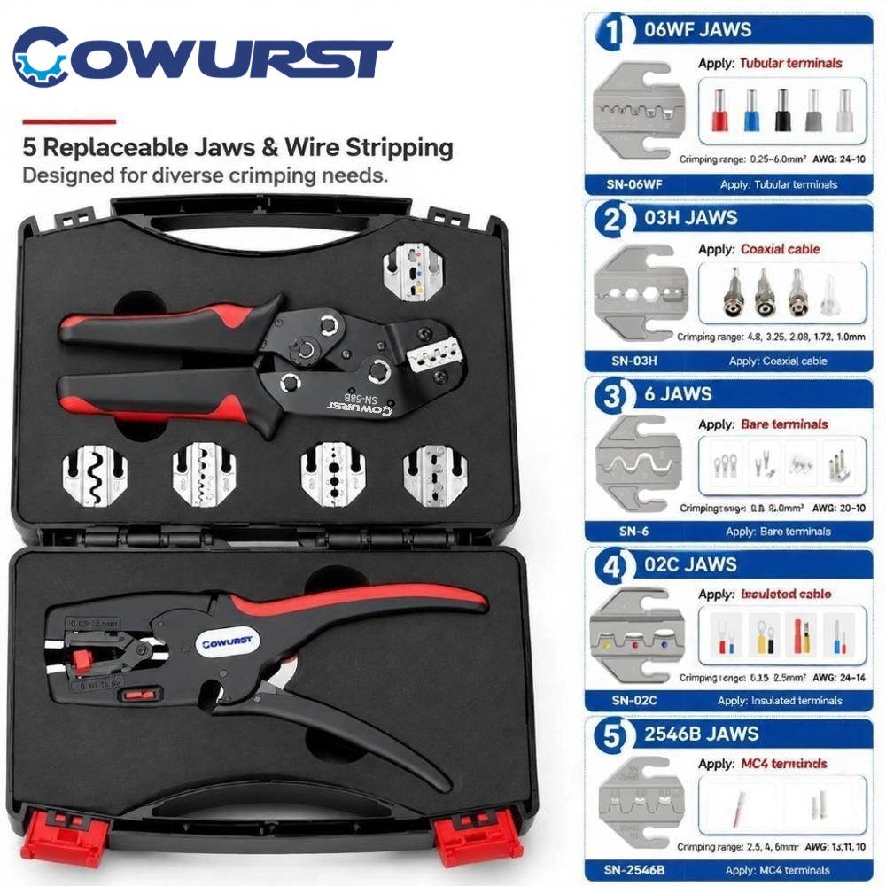 Mc4 Crimping Tool - คีมย้ำสายไฟอเนกประสงค์ 58B พร้อมกล่องเครื่องมือ 5 หัวเปลี่ยนได้สำหรับขั้วต่อสายโคแอกเชียล MC4